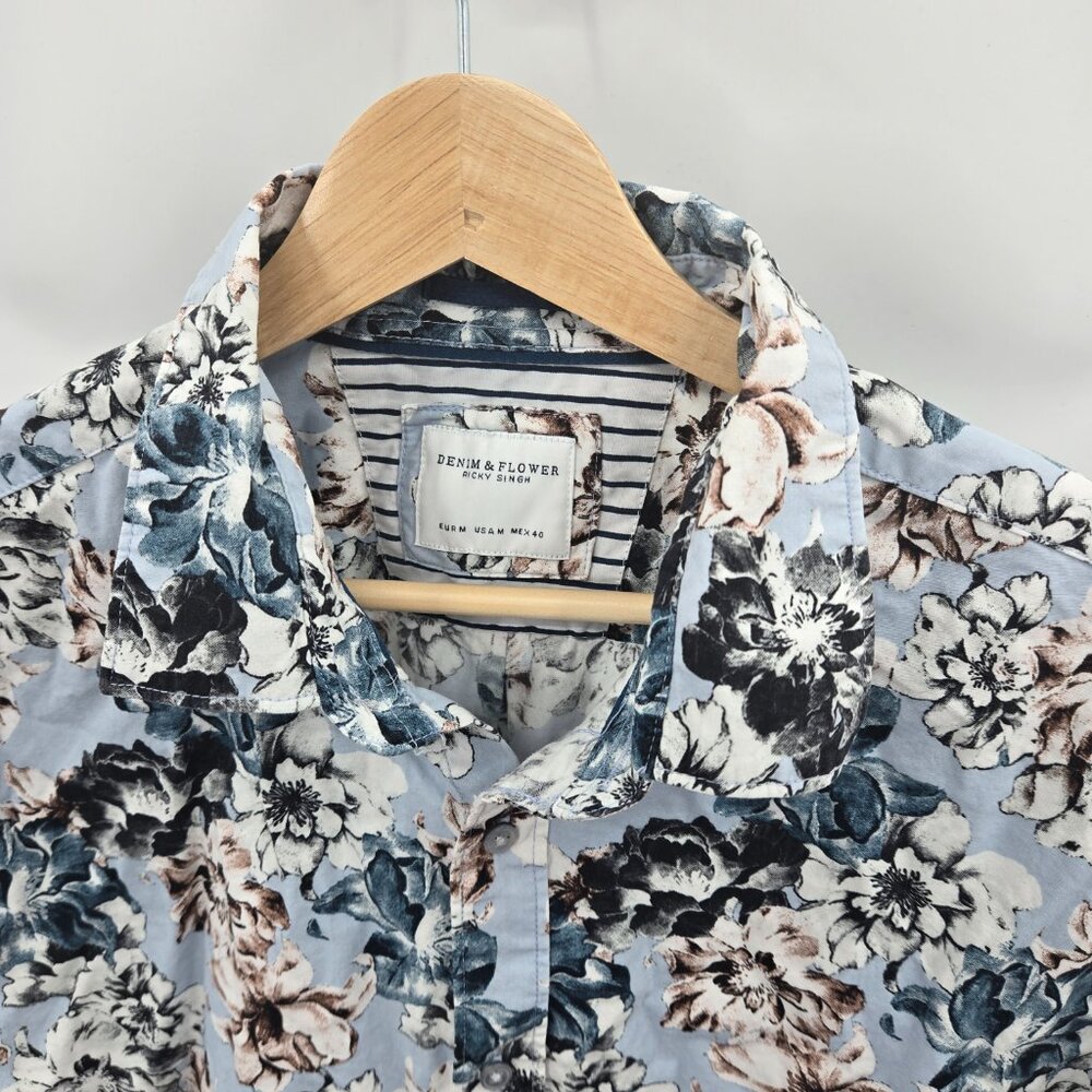 Denim & Flower Ricky Singh Blue Floral Button Down Long Sleeve Shirt Medium - Picture 3 of 11
